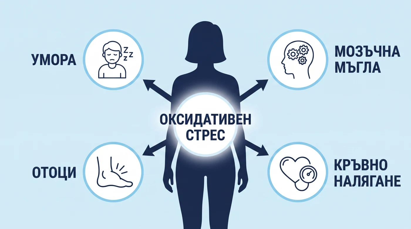 Четирите симптома на оксидативния стрес: умора, мозъчна мъгла, отоци, кръвно налягане