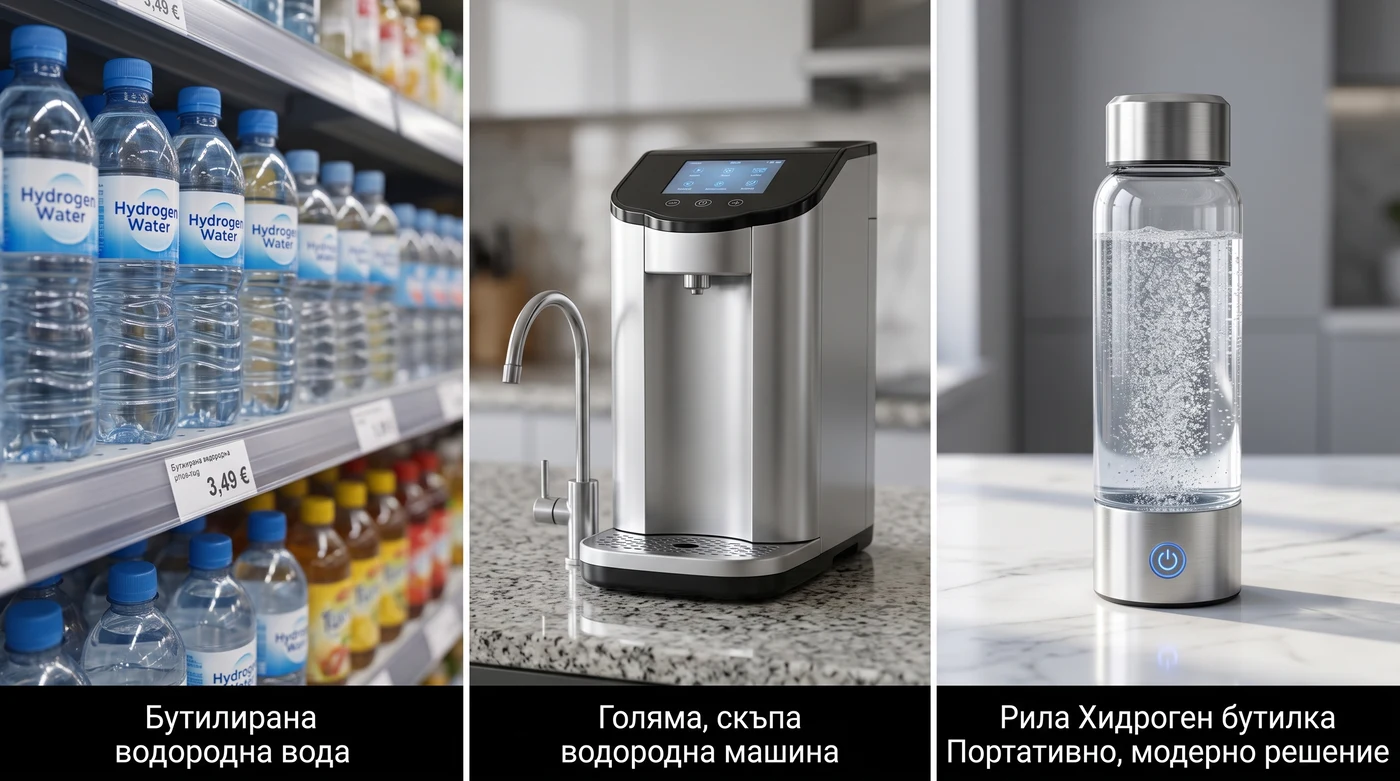 Бутилирана вода, голяма машина и портативната бутилка Rila Hydrogen